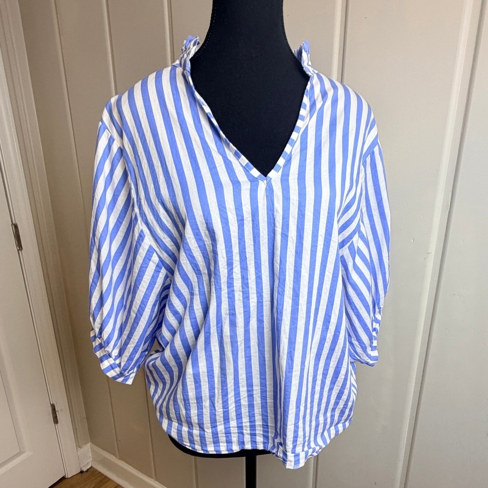 Sofia Made in Italy Blue White Striped Ruffle V-Neck Puff Sleeve Blouse Top